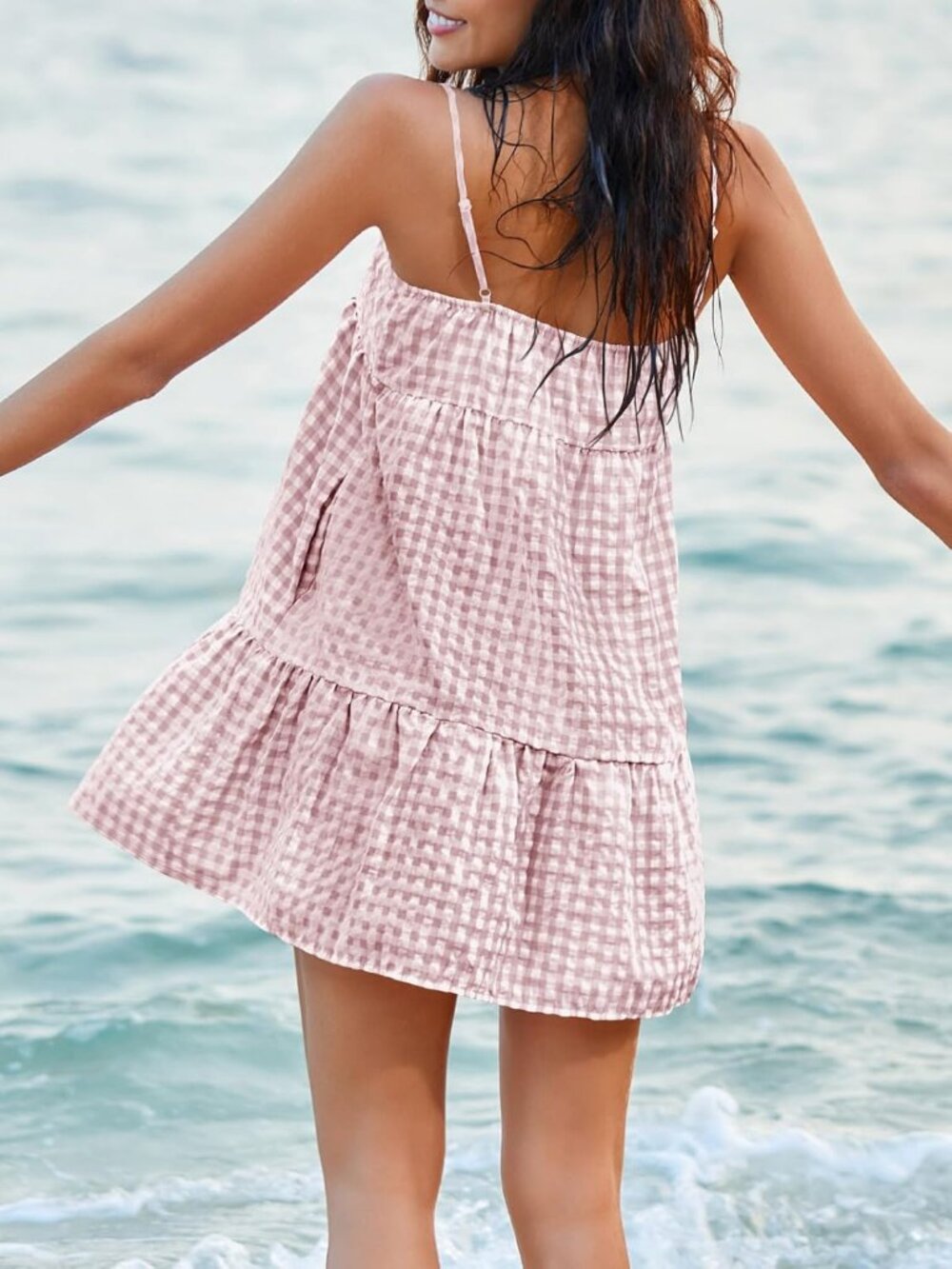 Women's Summer Plaid Mini Dress Spaghetti Strap Bean Red Sundress with Pockets - Picture 4 of 5